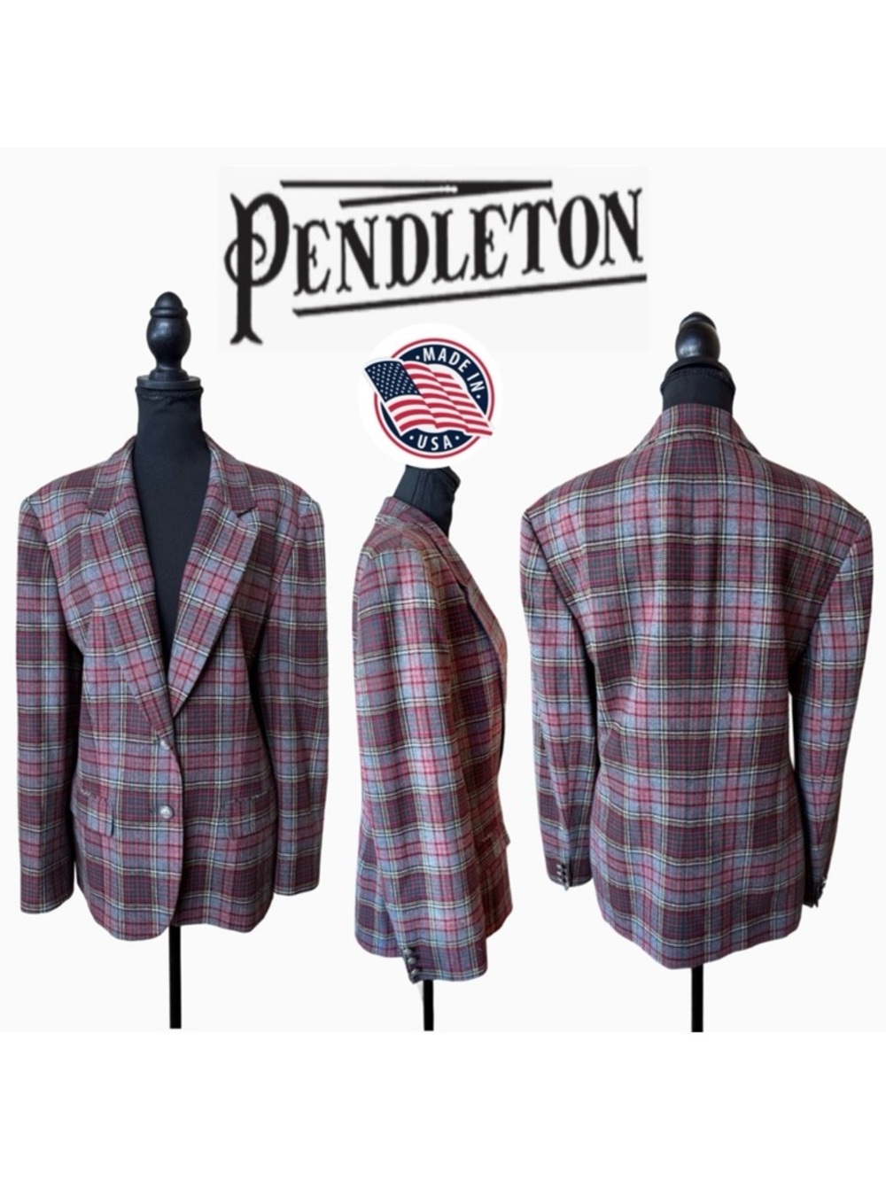 70s/80s Pendleton Wool Plaid Blazer Pockets Lined Vintage Size 18 (14W~16W)